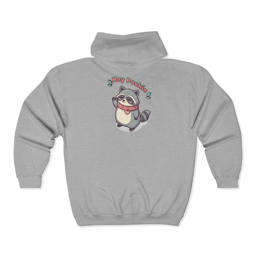 Raccoon 'Hey Pookie' Zip Hoodie — Cute Cozy Graphic Sweatshirt
