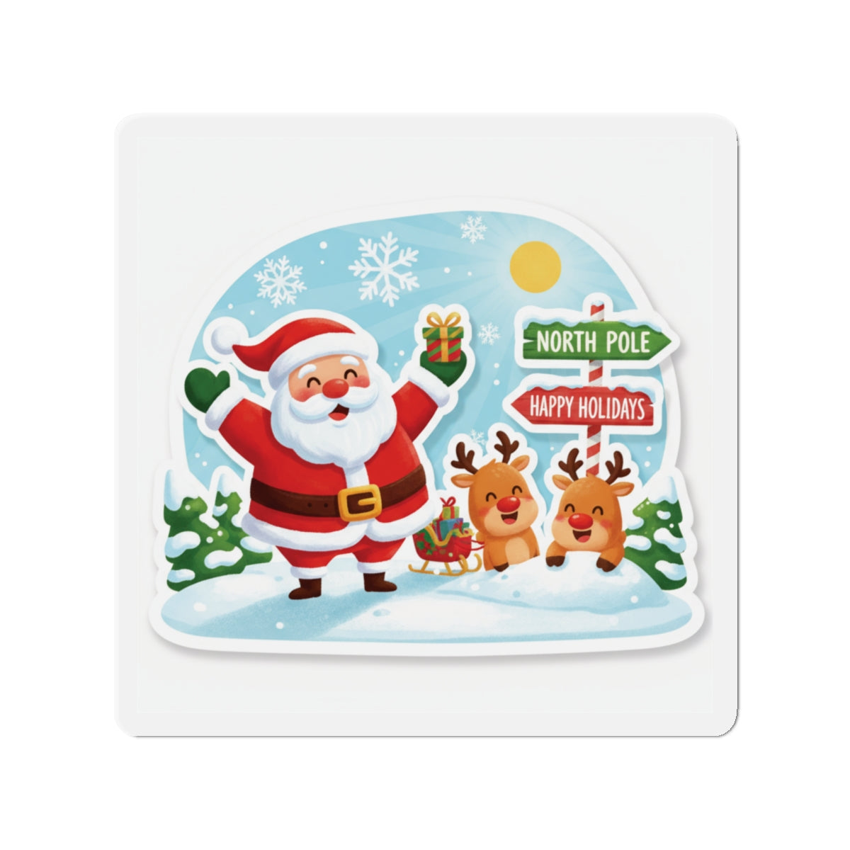 Cute Christmas Reindeer and Santa Claus Die-Cut Magnet — Festive Holiday Mascot Refrigerator Decor