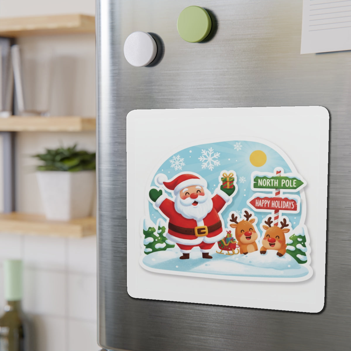 Cute Christmas Reindeer and Santa Claus Die-Cut Magnet — Festive Holiday Mascot Refrigerator Decor