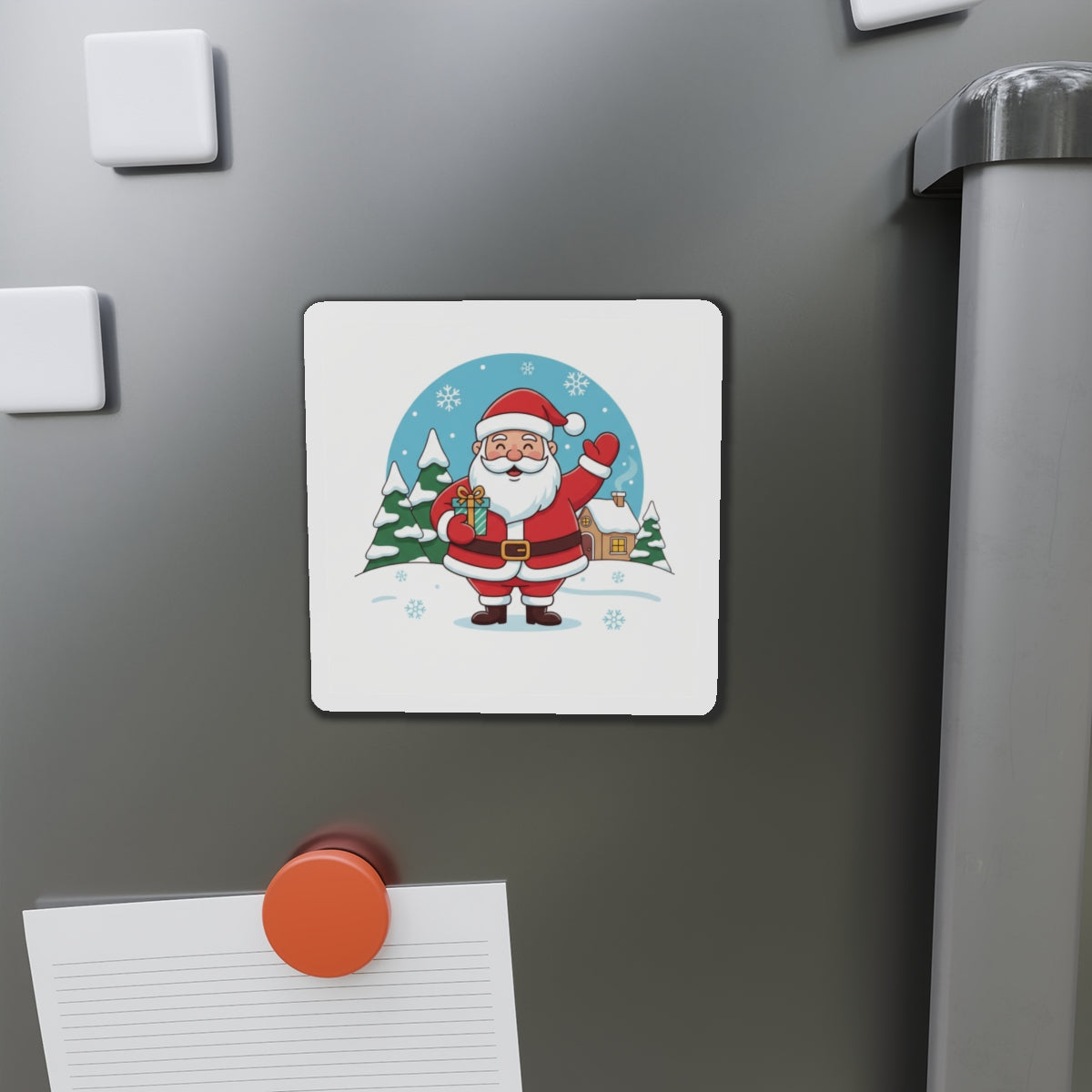 Cute Christmas Reindeer and Santa Claus Die-Cut Magnet — Festive Holiday Mascot Refrigerator Decor
