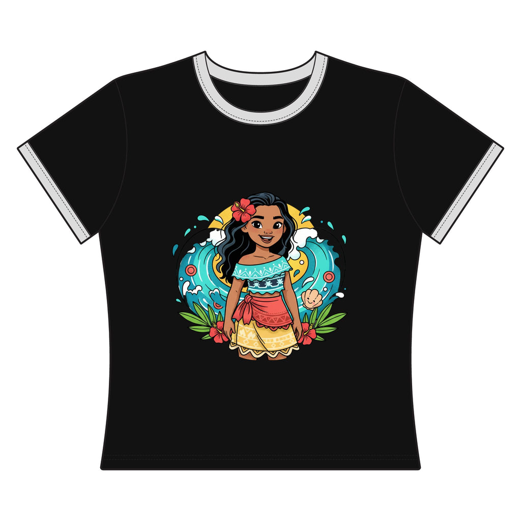 Moana-Inspired Girl Cartoon Ringer Tee — Tropical Hawaiian Disney Princess Graphic Shirt