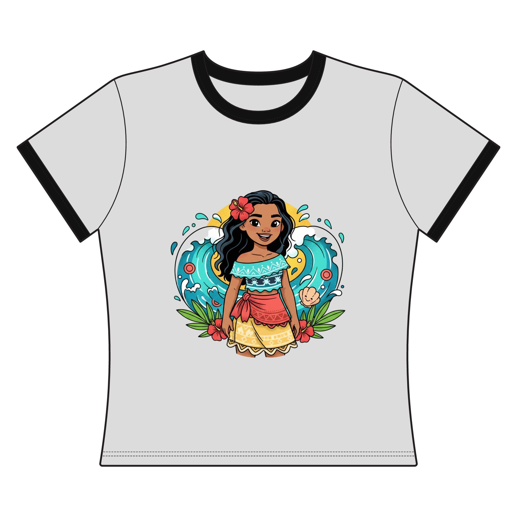 Moana-Inspired Girl Cartoon Ringer Tee — Tropical Hawaiian Disney Princess Graphic Shirt