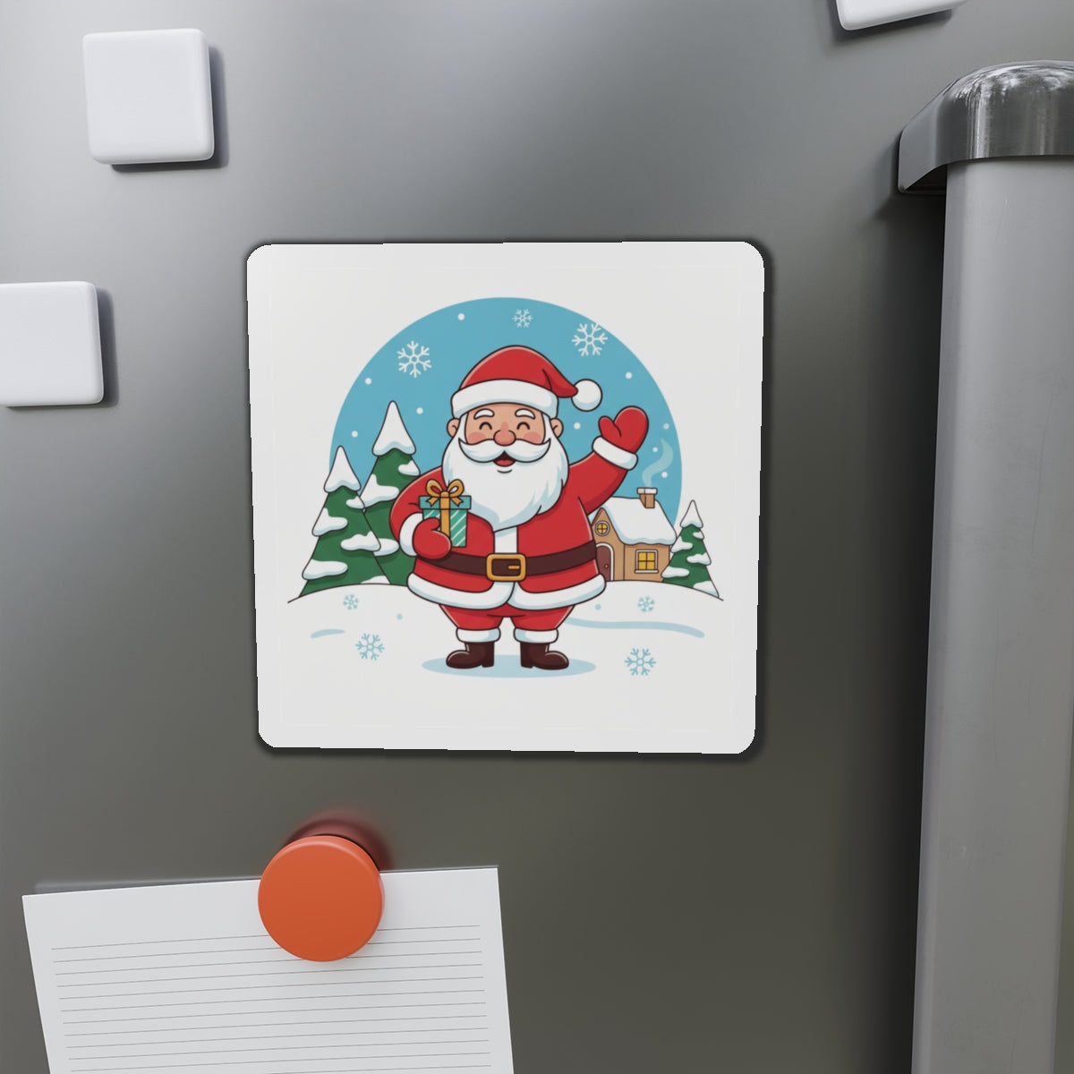 Cute Christmas Reindeer and Santa Claus Die-Cut Magnet — Festive Holiday Mascot Refrigerator Decor