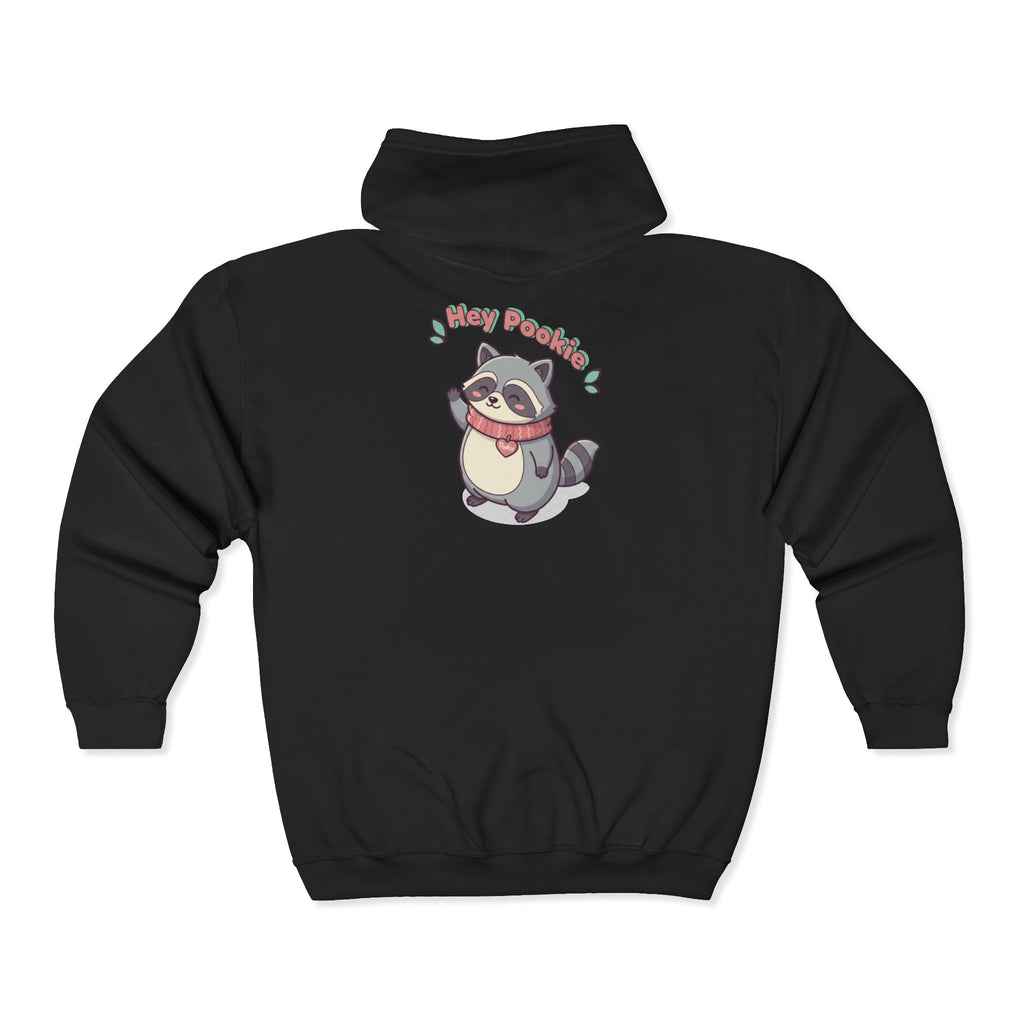 Raccoon 'Hey Pookie' Zip Hoodie — Cute Cozy Graphic Sweatshirt