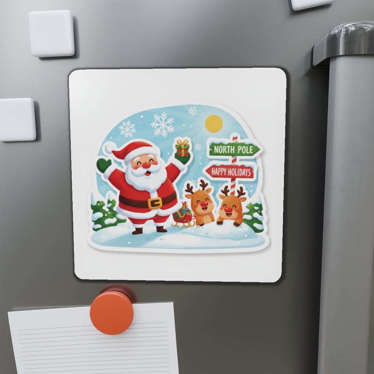 Cute Christmas Reindeer and Santa Claus Die-Cut Magnet — Festive Holiday Mascot Refrigerator Decor