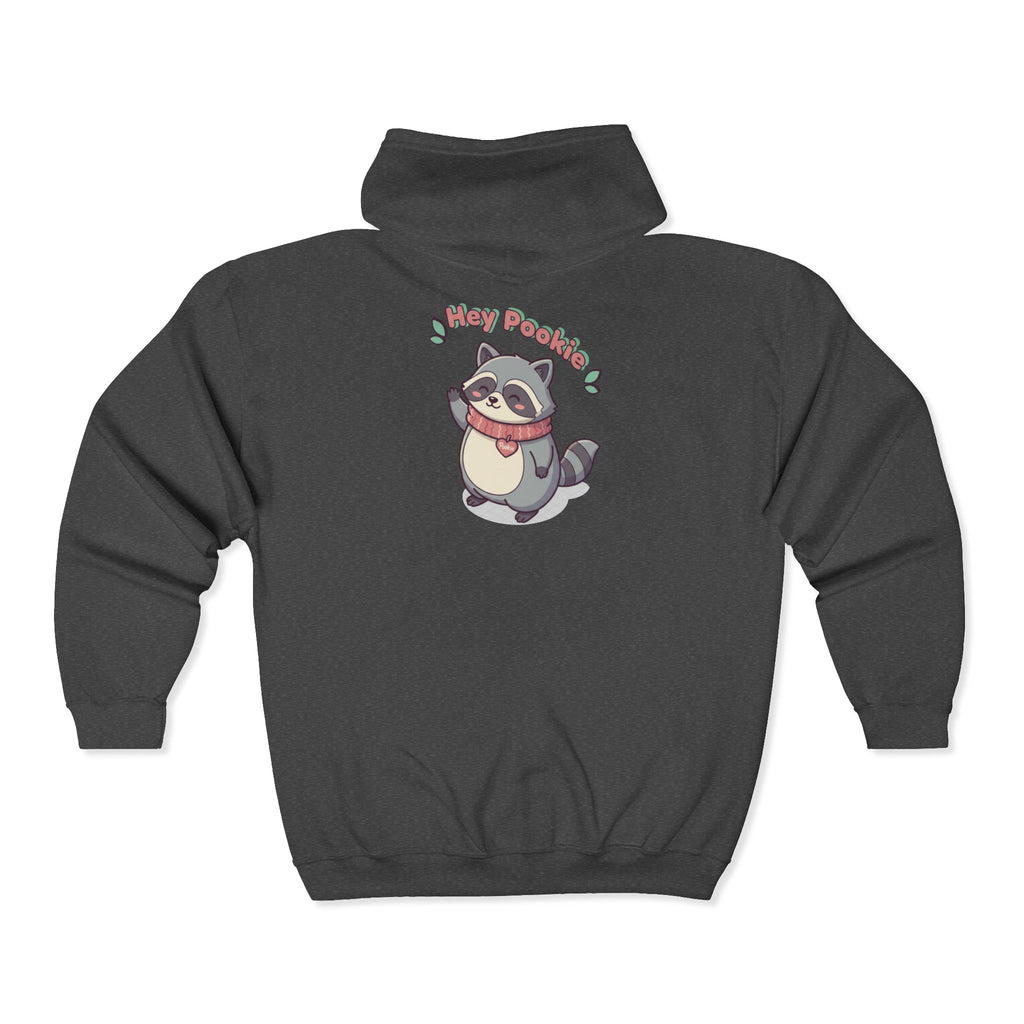 Raccoon 'Hey Pookie' Zip Hoodie — Cute Cozy Graphic Sweatshirt