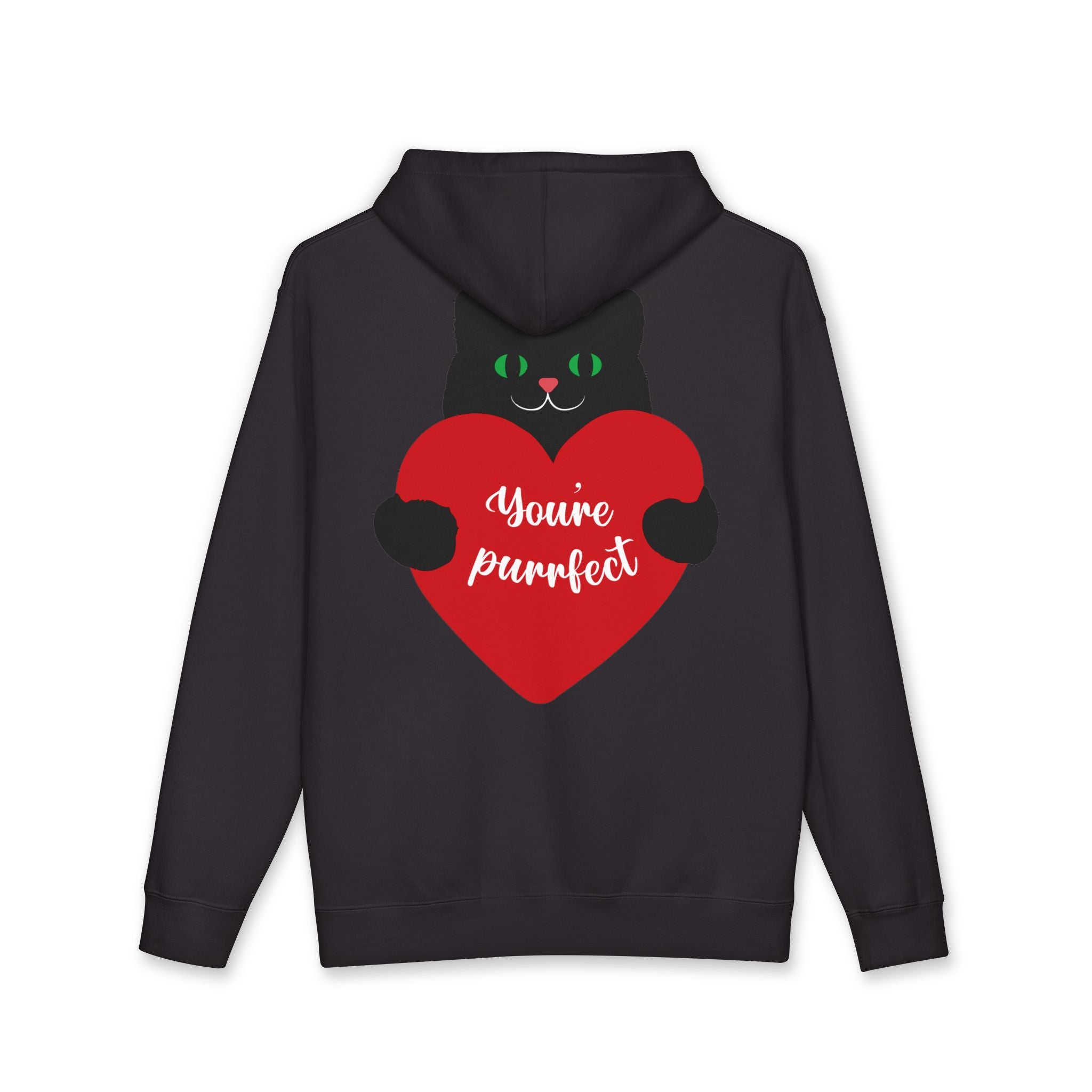 Cat Heart Hoodie – “You’re Purrfect” Black Cat Valentine Pullover