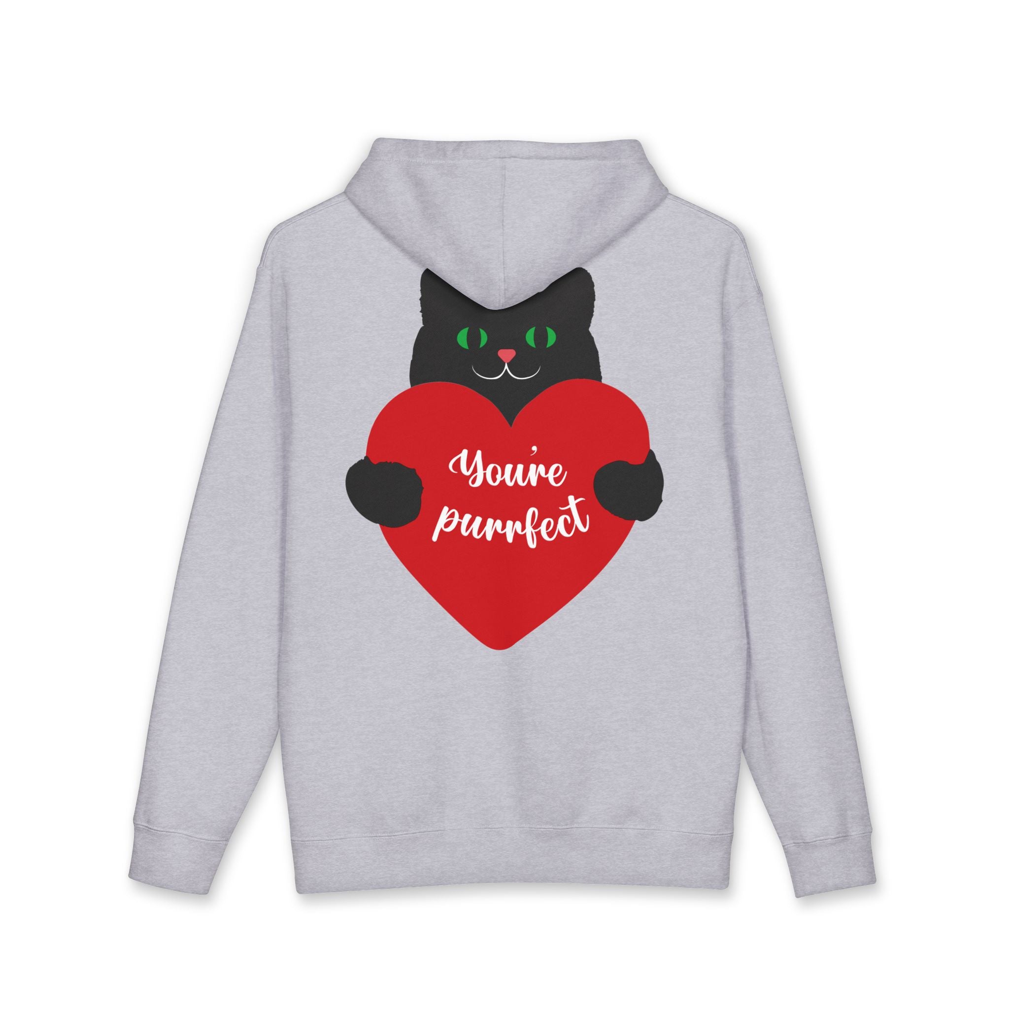 Cat Heart Hoodie – “You’re Purrfect” Black Cat Valentine Pullover
